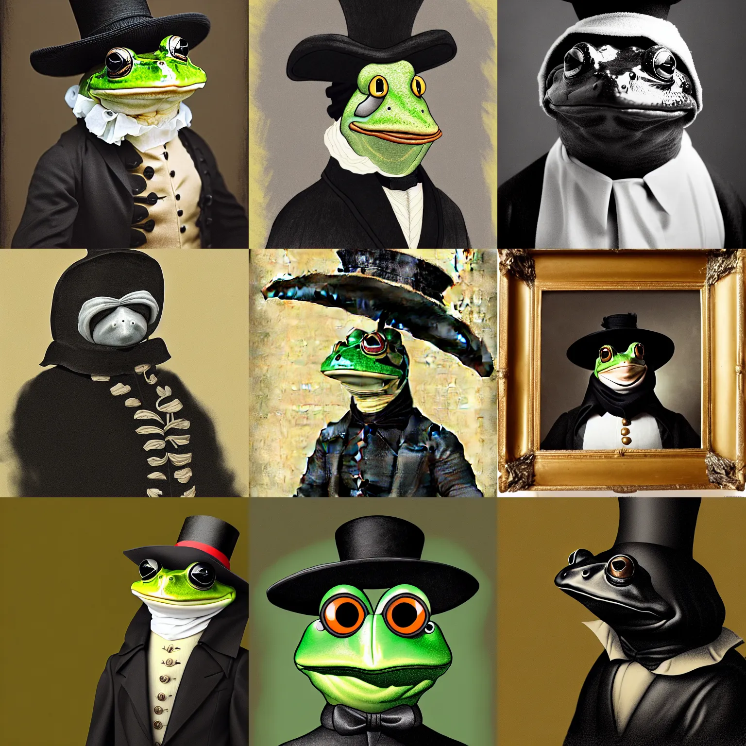 Prompt: a head and shoulders portrait of an anthropomorphic frog!!!!!!!!!! wearing a black colonial outfit looking off camera, a character portrait, american romanticism, soft focus