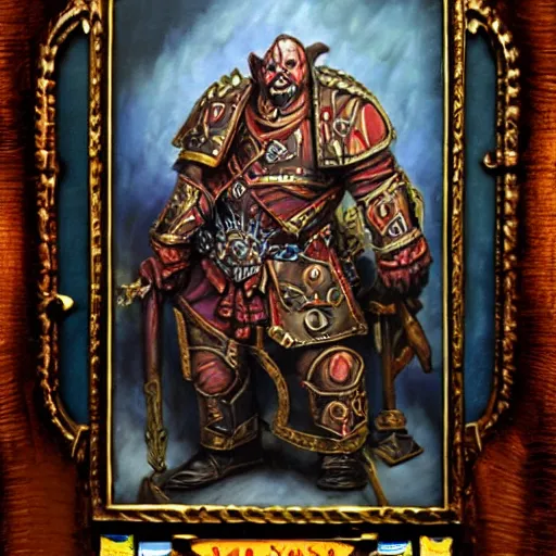 Image similar to chaos dwarf smith in the style of warhammer fantasy : : head and torso oil painting