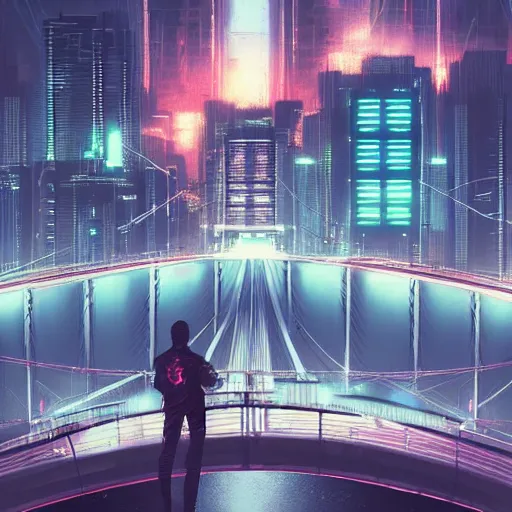 Prompt: “ a man standing on top of a bridge over a city, cyberpunk art by vincent lefevre, behance contest winner, altermodern, cityscape, synthwave, matte painting ”