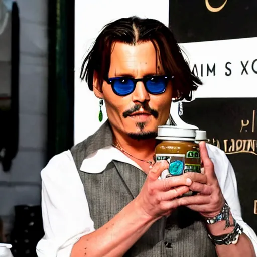 Prompt: Johnny Depp eating mayonnaise directly out of a jar with his hand