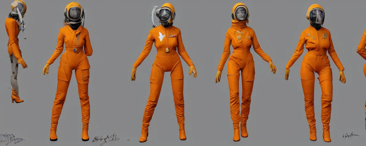 Prompt: character design, fashion reference sheet, curvy, 70's jetfighter pilot girl, optimistic, dirty yellow and orange flight suit, scuffed exoskeleton, concept art, photorealistic, hyperdetailed, 3d rendering!, rimlight , art by Frazetta,
