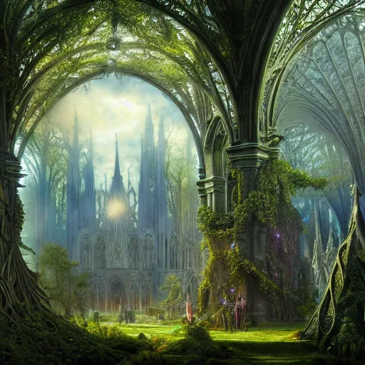Image similar to a beautiful and highly detailed matte painting of a beautiful cathedral in a magical fantasy forest, otherworldly trees and plants and flowers, celtic vegetation, epic scale, insanely complex, hyperdetailed, sharp focus, hyperrealism, artstation, cgsociety, 8 k, bright colors, by caspar friedrich, albert bierstadt, james gurney, brian froud,