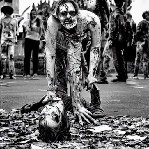 Image similar to zombie come to the square and very surprised that there's no human, film still, high detail, very long shot