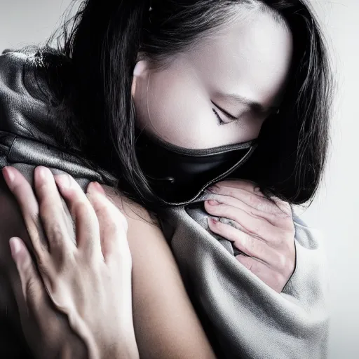 Image similar to Hot young woman, grey skin, void eyeballs, tattoos, wearing a leather jacket, comforting someone in a shroud and mask, hugging them as they cry on her chest