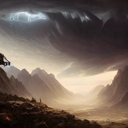 Image similar to a beautiful stunning insanely detailed complex matte painting of a robot wanderer looking at a tornado in the distance, mountains, epic scale, vast, by Greg Rutkowski, artstation