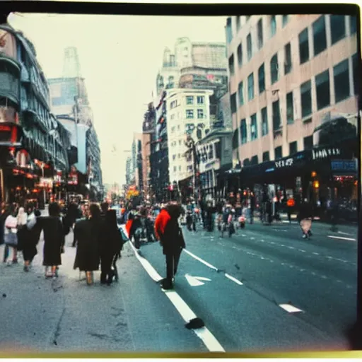 Image similar to wide - shot very low - angle, messy photo of people in the busy street, crossing road, polaroid photo, by andy warhol