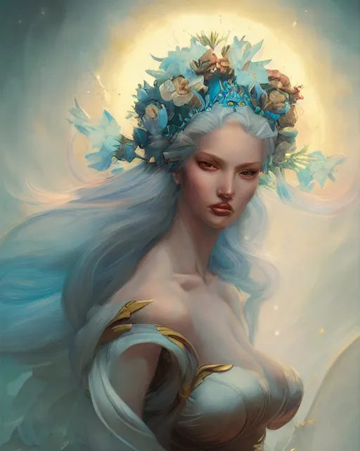 Image similar to flower princess portrait, jesper ejsing, artgerm, peter mohrbacher, halo of light, gilding