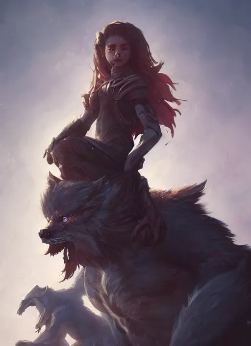 Image similar to a small girl mage sitting on the shoulder of a werewolf guardian, ultra detailed, fantasy, dramatic lighting, trending on artstation, award - winning, artgerm and greg rutkowski, 8 k