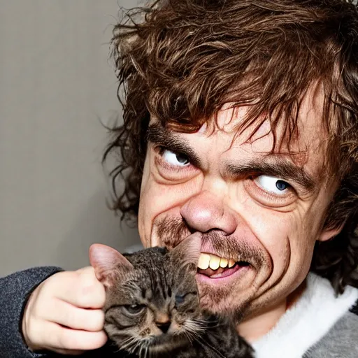 Prompt: peter dinklage laughing hysterically at a cat,