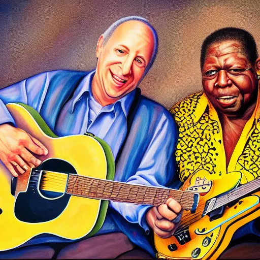 Prompt: portrait of mark knopfler with bb king joyful, highly detailed painting by stephen bliss, boxart, 8 k