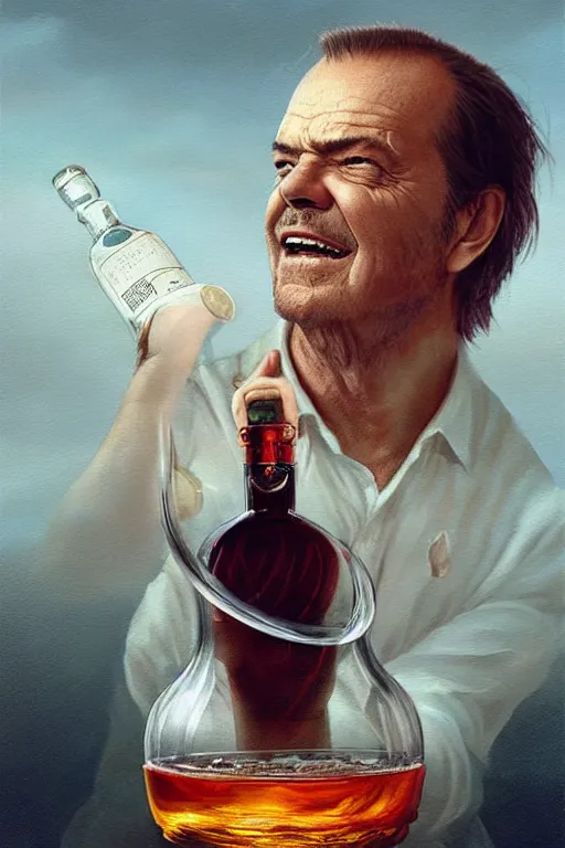 Image similar to a ship in a bottle but instead of a ship a young jack nicholson is in the bottle, jack nicholson, fancy whiskey bottle, masterpiece painting by artgerm and tom bagshaw and greg rutkowski