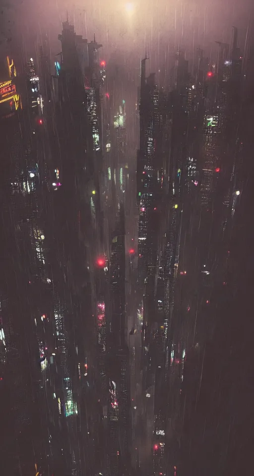 Prompt: cyberpunk city in the night seen from above, cityscape, mist, rain, artstation, greg rutkowski