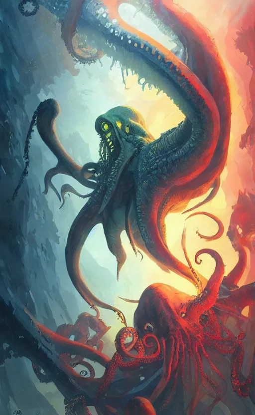 Image similar to a beautiful artwork illustration, cthulhu, high contrast, high saturation, by Greg Rutkowski and Jesper Ejsing and Raymond Swanland, featured on artstation, wide angle, vertical orientation