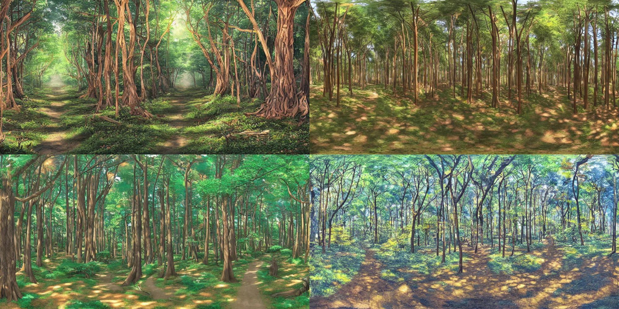 Prompt: complex forest and pathway from left to right, detailed panorama painting by osaka animation