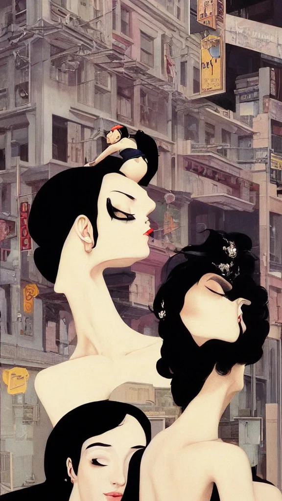 Prompt: a tall and beautiful pale woman with very black hair with a crown on her head walk in the streets of new york circa 1 9 8 4 edward hopper and james gilleard, surreal, open ceiling, highly detailed, airbrush, ilya kuvshinov, wlop, stanley artgerm, very coherent, art by takato yamamoto and james jean