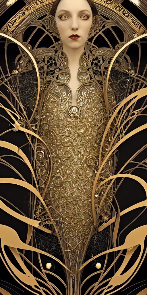 Image similar to the source of future growth dramatic, elaborate emotive Art Nouveau styles to emphasise beauty as a transcendental, seamless pattern, symmetrical, large motifs, 8k image, supersharp, metallic reflective surfaces, glittery iridescent and black colors with gold accents, perfect symmetry, pearlescent, High Definition, sci-fi, Octane render in Maya and Houdini, light, shadows, reflections, photorealistic, masterpiece, smooth gradients, high contrast, 3D, no blur, sharp focus, photorealistic, insanely detailed and intricate, cinematic lighting, Octane render, epic scene, 8K