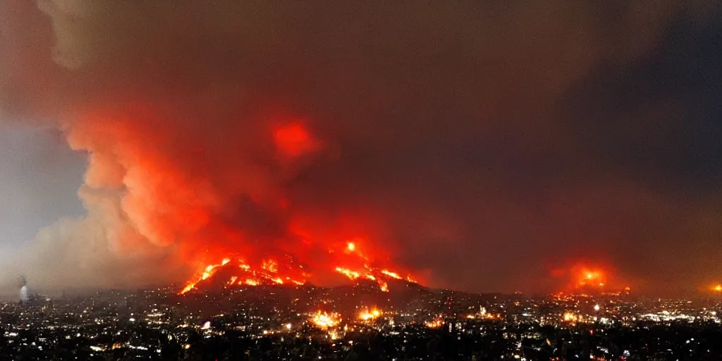 Prompt: apocalyptic fire raining upon hollywood, burning landmark