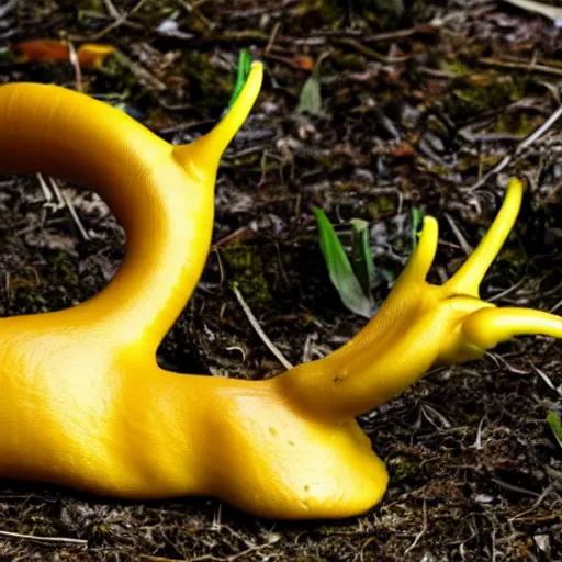 Prompt: a banana slug with deer antlers