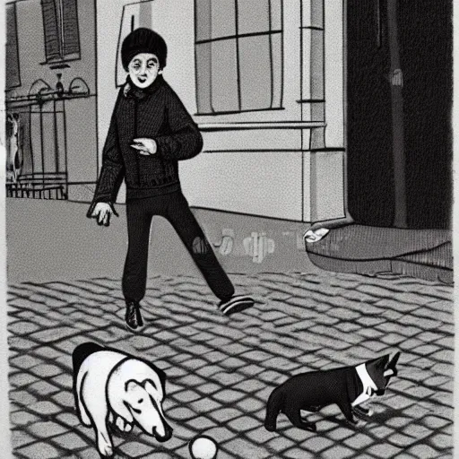 Image similar to book illustration of a french boy on the streets of paris playing football against a corgi, the dog is wearing a polka dot scarf, 1 9 6 6