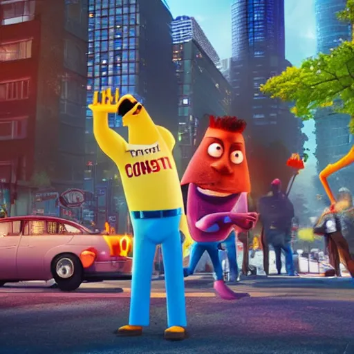 Image similar to Toronto urban stabbings tour guide, dramatic cinematic still of a Canadian being stabbed in colorful illustration by Pixar