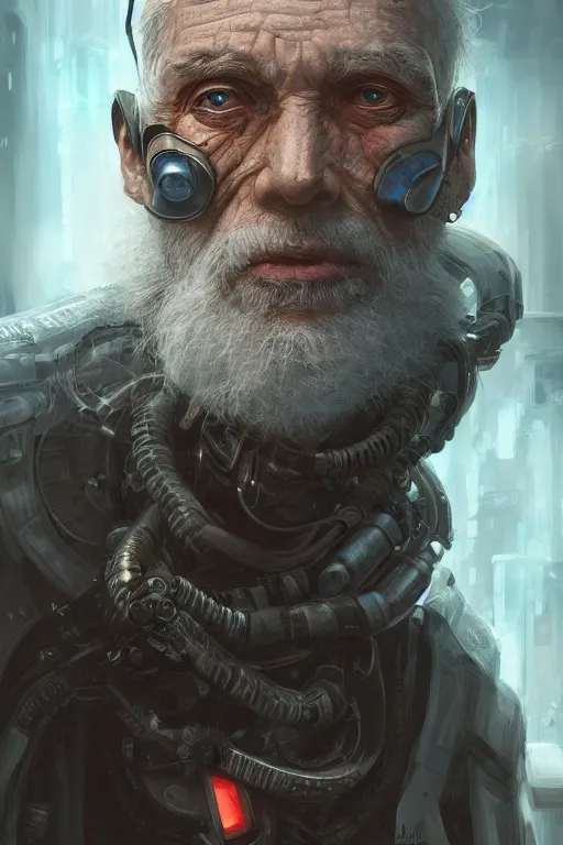 Prompt: ultrarealistic illustration old man cyborg, cyberpunk, sci - fi fantasy, intricate, elegant, highly detailed, digital painting, artstation, concept art - g