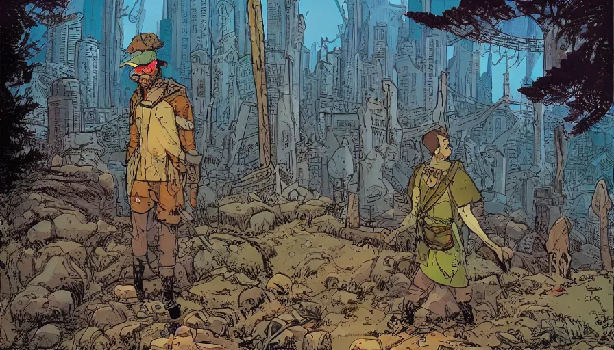 Prompt: ligne claire art of a druid in postapocalyptic city intertwined with nature in the open space, street - level view, by moebius, bright colors, eisner award - winning spread