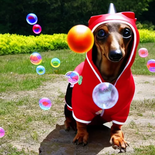 Prompt: photo a dachshund with a beaver tail wearing a hot dog outfit, blowing soap bubbles, hummingbirds flying above, butterflies hovering, award winning