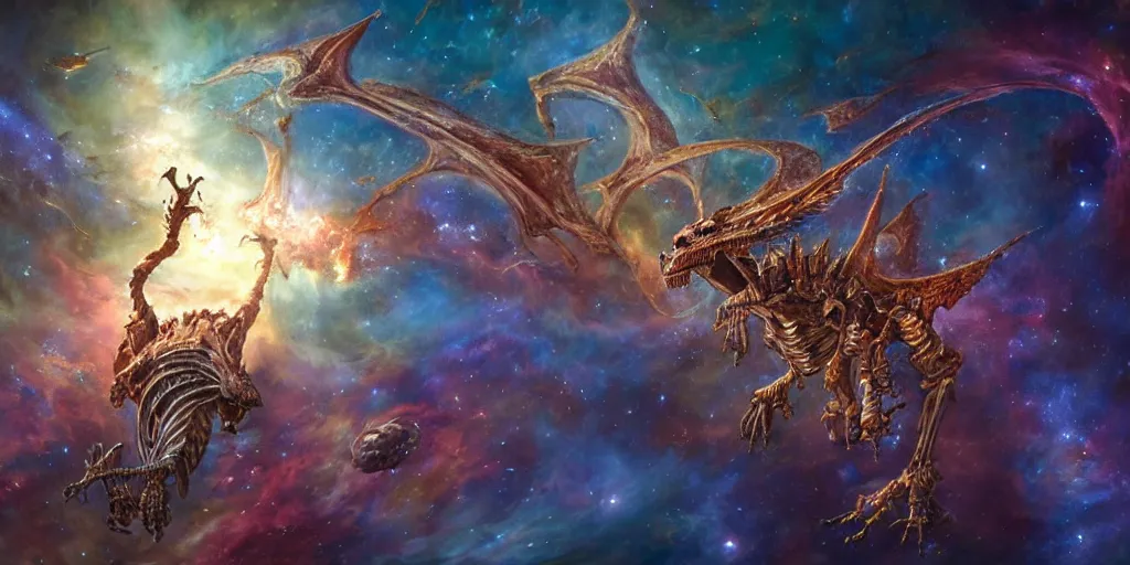 Image similar to a cinematic shot of a dragon skeleton in outer space, epic nebula, Dan Seagrave art