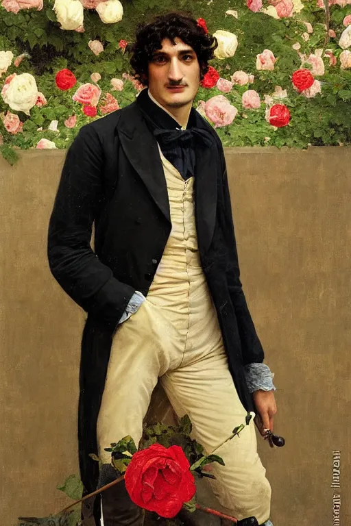 Prompt: body portrait of actor louis garrel posing as a matador in a garden of roses, colour painting by normal rockwell, guidi prime background by carl spitzweg