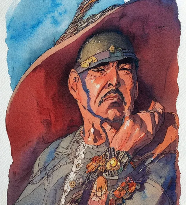 Prompt: a 3 / 4 view watercolor ink painting of an castaneda sits and don juan closes his eyes in the style of jean giraud in the style of moebius trending on artstation deviantart pinterest detailed realistic hd 8 k high resolution