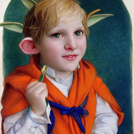 Prompt: blonde haired green eyed elf wearing a blue button up and orange cape, painting by Sophie Anderson