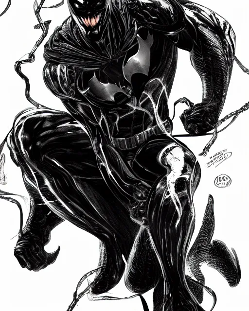 Image similar to venom as batman, with the powers of flash, dynamic lighting, fantasy concept art, trending on art station, stunning visuals, creative, cinematic, ultra detailed, comic strip style, sumihei