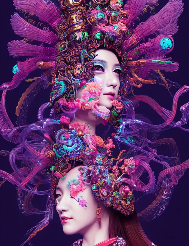 Image similar to 3 d goddess close - up profile portrait with crown, ram skull. beautiful intricately detailed neon japanese crow kitsune mask and clasical japanese kimono. betta fish, jellyfish phoenix, bio luminescent, plasma, ice, water, wind, creature, artwork by tooth wu and wlop and beeple and greg rutkowski