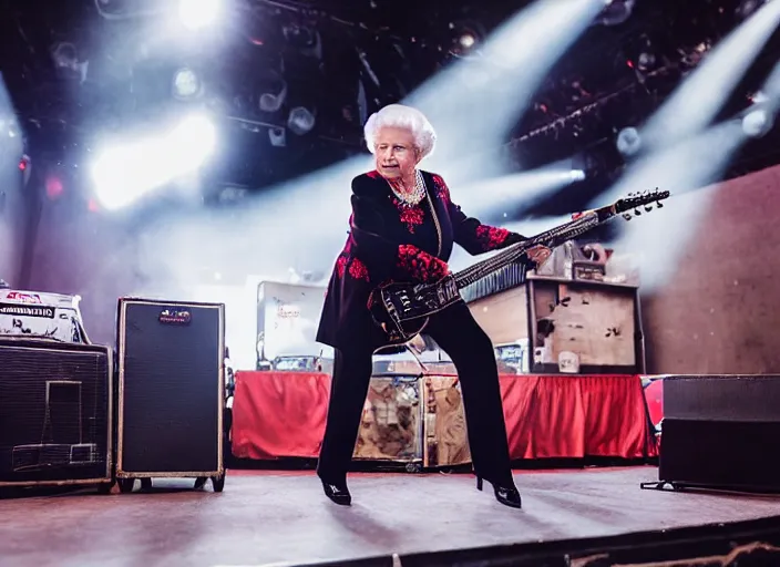 Image similar to photo still of queen elizabeth on stage at vans warped tour!!!!!!!! at age 7 0 years old 7 0 years of age!!!!!!! shredding a guitar on stage, 8 k, 8 5 mm f 1. 8, studio lighting, rim light, right side key light