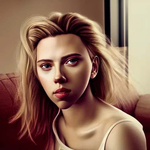 Prompt: intricate beautiful portrait of a young scarlett johansson,, hair in a ponytail, smiling softly, casual clothes, relaxing on the couch, home interior, golden hour, close up shot, 8 k, hyperreal art by irakli nadar, hyperrealism, hyperdetailed, ultra realistic