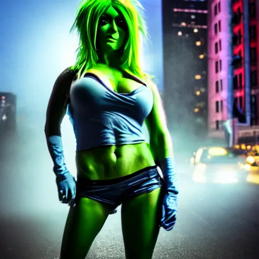 Image similar to Jessica Nigri as She Hulk on the street in New York City at night, Lights are on down the street, light fog in the backround, cinematic, realistic, detailed