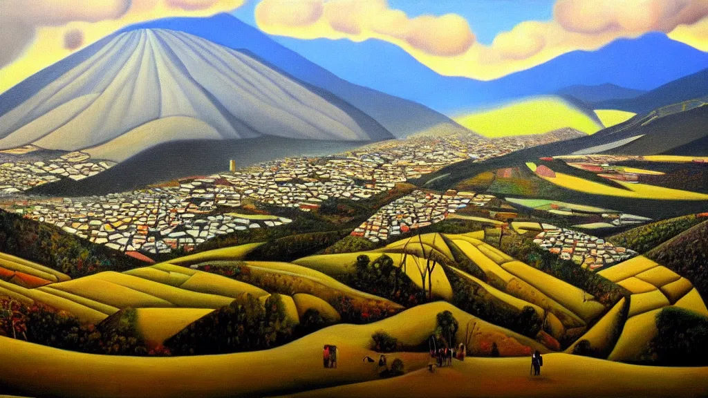 Image similar to Nuclear Nature valley blends with the City of Quito Ecuador; by Oswaldo Moncayo; oil on canvas;