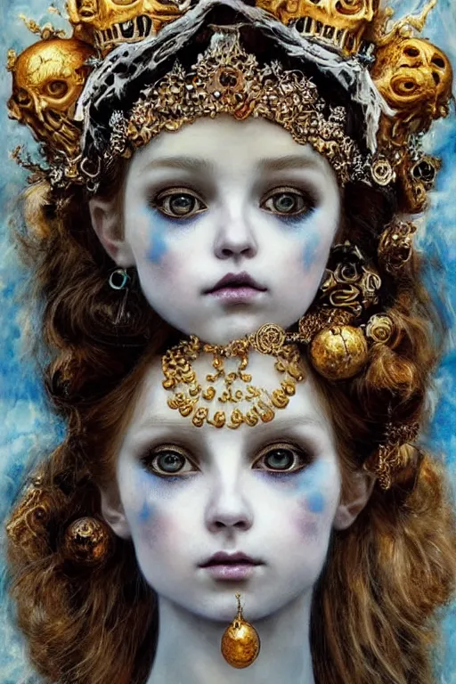 Image similar to The Princess of Bones by Karol Bak, Jean Deville, Gustav Klimt, and Vincent Van Gogh, portrait of a porcelain doll princess wearing a crown, beautiful porcelain ball-joint doll face, BJD, pale blue eyes, mystic eye, otherworldly, crown made of bones, ornate jeweled crown, skulls, fractal structures, arcane, inscribed runes, infernal relics, ornate gilded medieval icon, third eye, spirals, rich deep moody colors