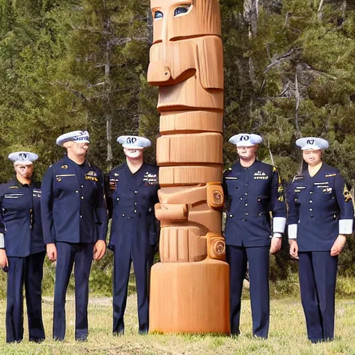 Prompt: us navy officers standing around a totem pole