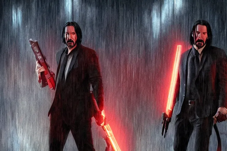 Image similar to keanu reeves as john wick, holding a chainsaw, cinematic, doom eternal concept art