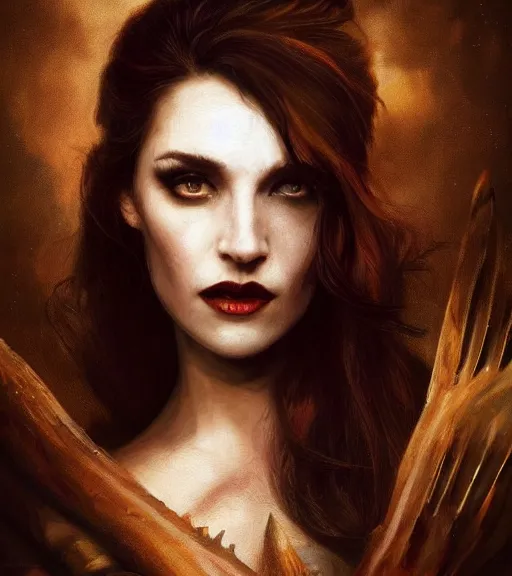 Image similar to majestic gracious regal aristocratic brunette female vampire portrait, random indoors setting!!!, atmospheric lighting!!, painted, menacing, intricate, beautiful, deep colours masterpiece!!, ( golden hour ), sharp focus!, ultra detailed, by leesha hannigan, ross tran, thierry doizon, kai carpenter, ignacio fernandez rios