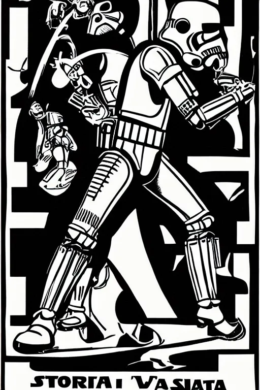 Prompt: “stormtrooper dancing, poster, José Guadalupe Posada style”