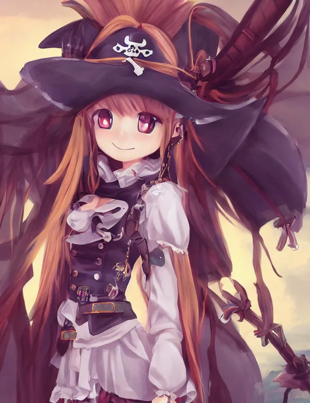 Prompt: scenic wide angle portrait of a female pirate, a cute uniform, somewhat of an anime in fantasy style, trending artwork, made with anime painter studio, by anato finstark, tony sart and an anime artist, collaboration