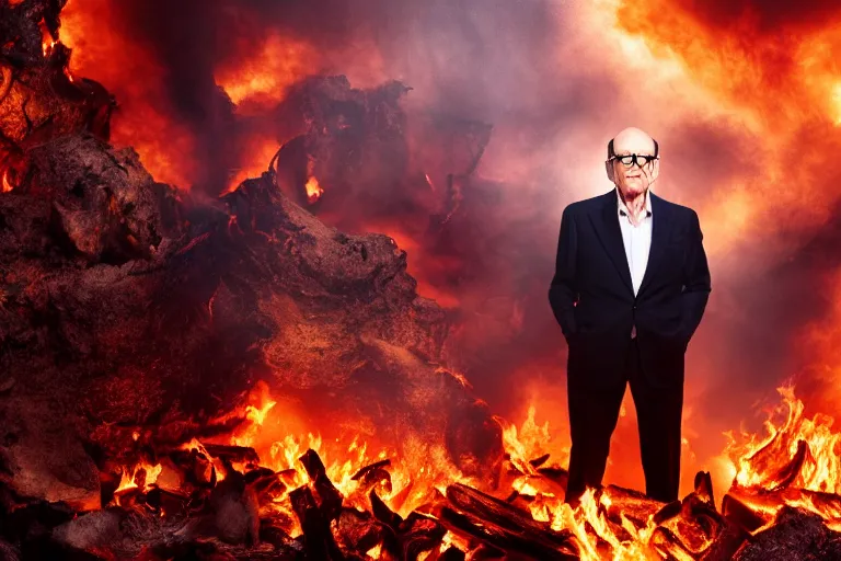 Prompt: Rupert Murdoch standing in hell surrounded by fire and flames and bones and brimstone, portrait photography, depth of field, bokeh