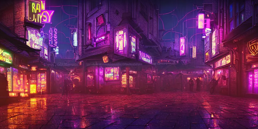 Image similar to fantasy medieval cyberpunk townscape, rain, neon signs, shops, arcade, market, nightclub, weaponsmith, blacksmith, armorer, floating vehicles, people, cinematic establishing shot, purple teal blue white pink orange color scheme, sharp focus, very realistic, photorealistic, intricately detailed, finely textured, cgsociety