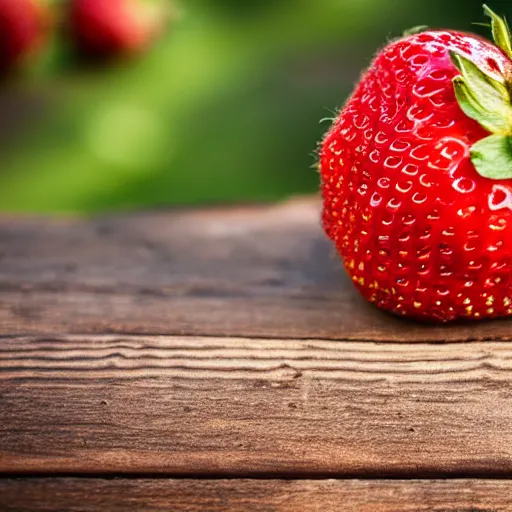 Prompt: a strawberry, cedar - wood, bokeh photography