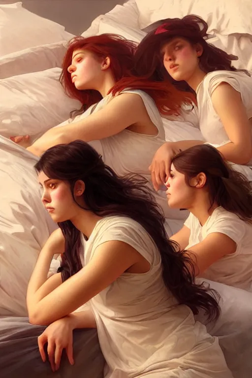 Prompt: three college girls rolling hard on ecstasy glistening with sweat on the bed, realistic portrait, highly detailed, digital painting, artstation, concept art, smooth, sharp focus, illustration, cinematic lighting, art by artgerm and greg rutkowski and alphonse mucha