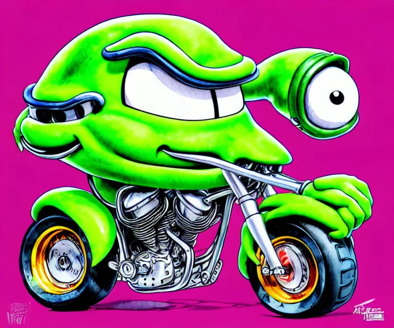 Image similar to cute and funny, pepe smiling wearing a helmet riding in a tiny hot rod harley with oversized engine, ratfink style by ed roth, centered award winning watercolor pen illustration, isometric illustration by chihiro iwasaki, edited by range murata, details by artgerm