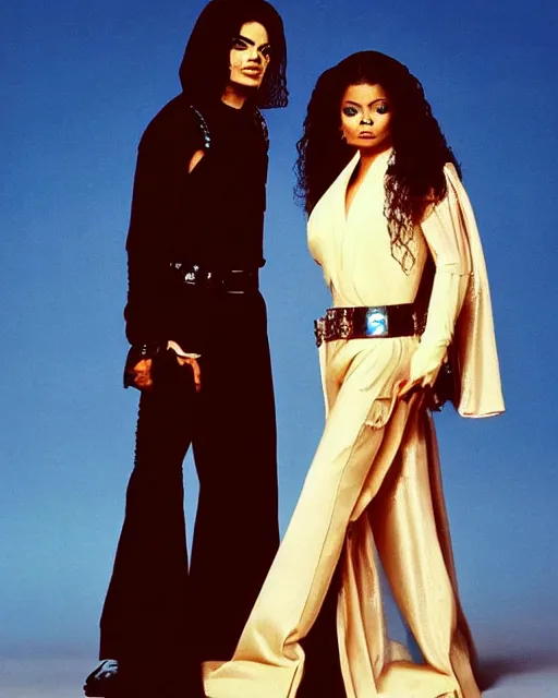 Image similar to pre plastic surgery michael jackson, as luke sky - walker, with janet jackson as princess lie, studio lighting, star wars themed, beautiful tunisian desert at sunset, michael jackson is normal looking and has had no work done to his face, photoshoot in the styled of annie leibovitz