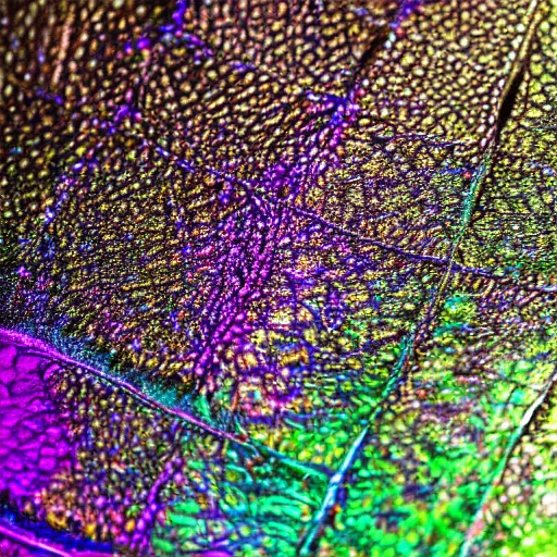 Prompt: an intricate closeup of iridescent leather scales, 4k photography, blacklight